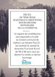 Décès de Mme Rose Maistriaux-Brouwers, Bourgmestre honoraire de la Commune de Dalhem - Registre de condoléances
