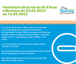 Fermeture de la rue du Ri d'Asse à Mortroux du 03 au 13.05.2022