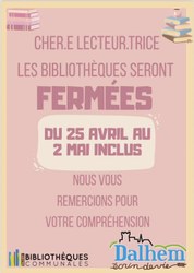 Fermeture des bibliothèques du 25/04 au 02/05/2026 inclus