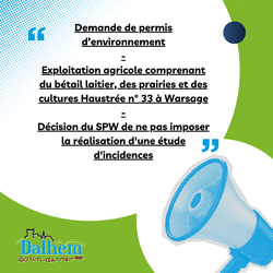 Demande de permis d'environnement - Exploitation agricole Haustrée n° 33 à Warsage - Décision du SPW de ne pas imposer la réalisation d'une étude d'incidences